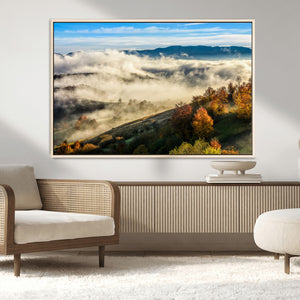 Misty Autumn Hills Wall Art Canvas Print, Foggy Forest