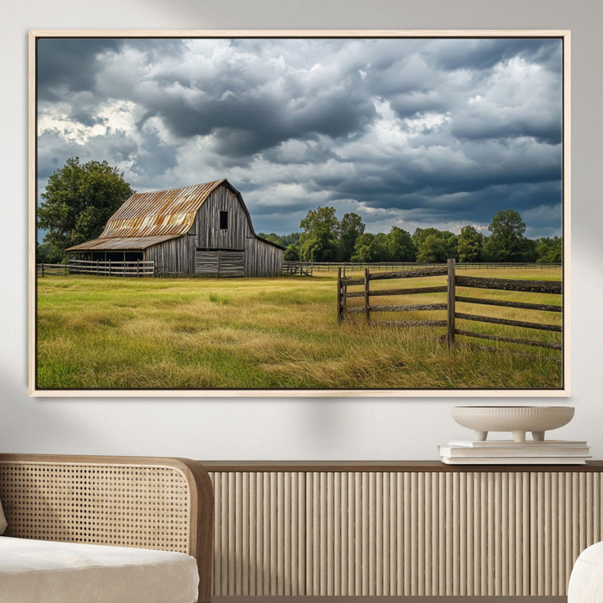 Rustic Stormy Barn Wall Art Canvas Print, Moody Country Farm