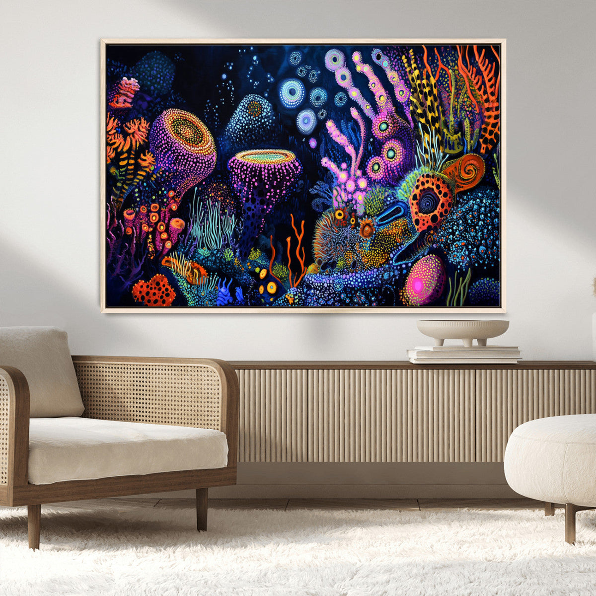 Vibrant Neon Coral Reef Wall Art Canvas Print, Colorful