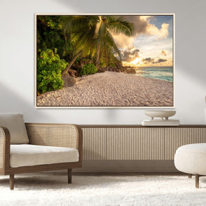 Tropical beach sunset, palm trees, white sand, ocean waves,