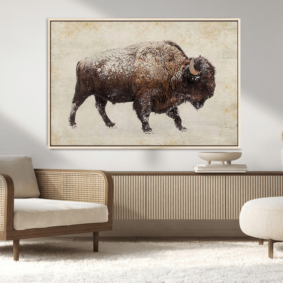 Snow-dusted bison silhouette textured vintage style rugged