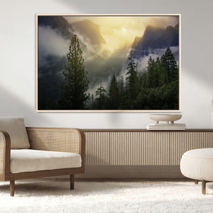 Misty Mountain Valley Wall Art Canvas Print, Golden Sunrise