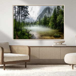 Misty Lake Forest Wall Art Canvas Print, Green Trees and