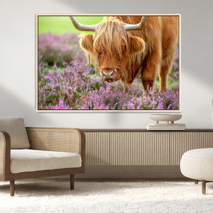 Highland Cow Wall Art Canvas Print – Framed Purple Flowers
