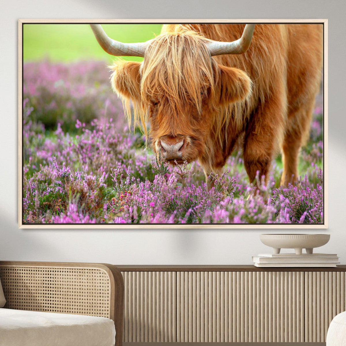 Highland Cow Wall Art – Purple Flowers Pasture Scenic