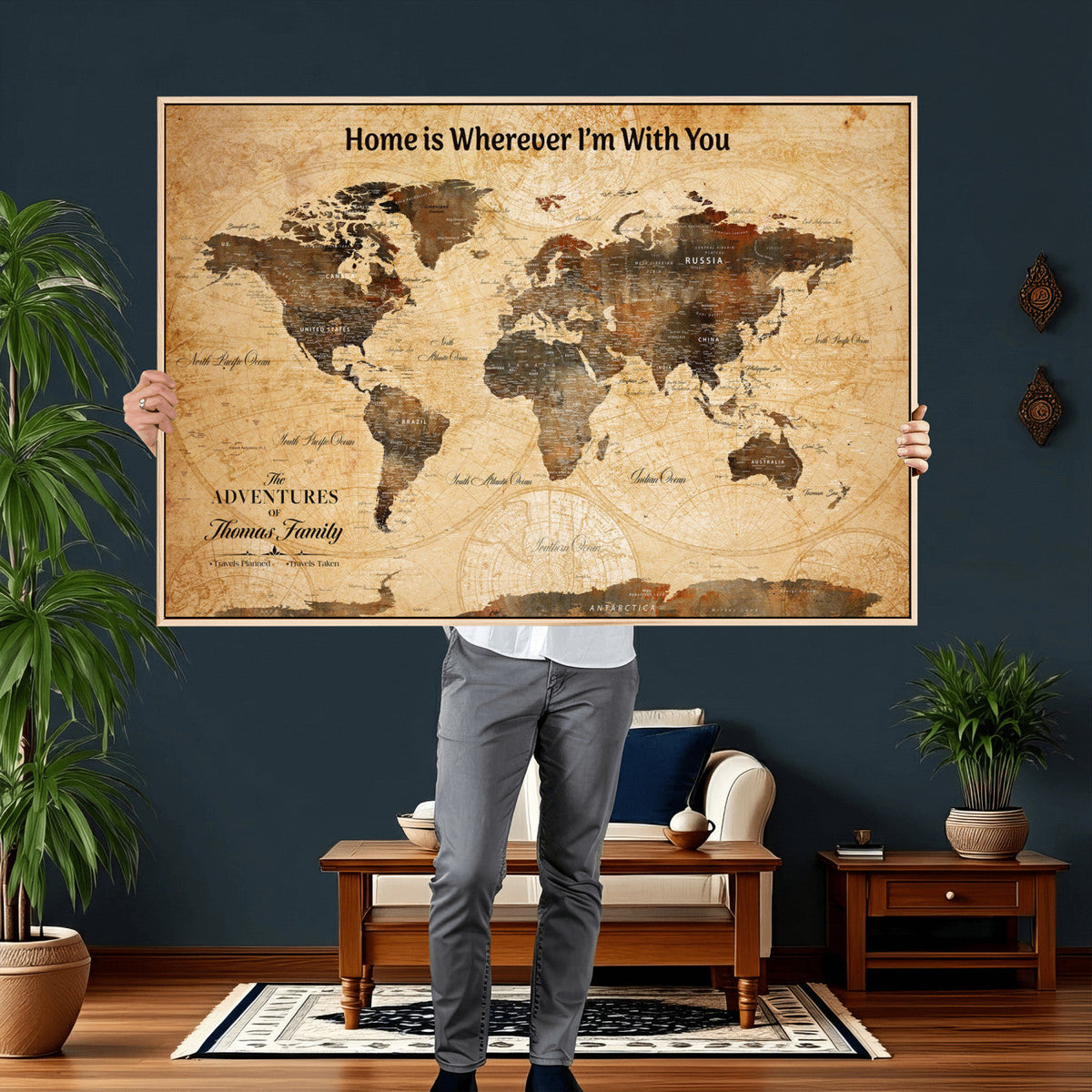 Vintage World Map Canvas Wall Art Print, Personalized
