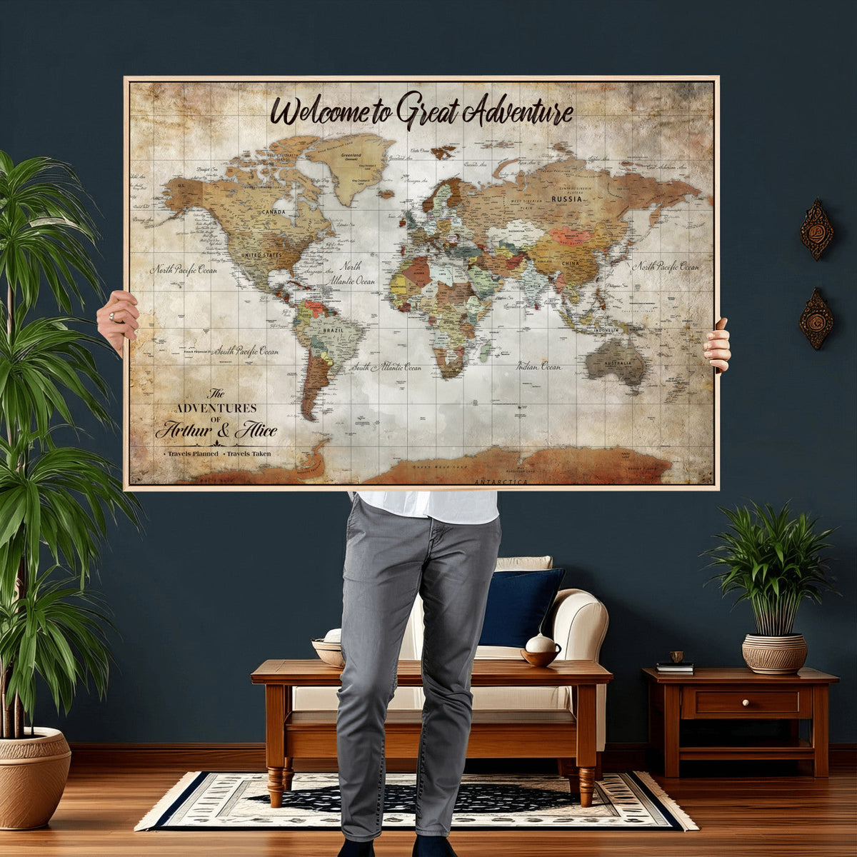 Personalized World Map Wall Art Canvas Print – Custom Push