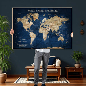 Framed Custom World Map Canvas Print - Deep Blue World Map