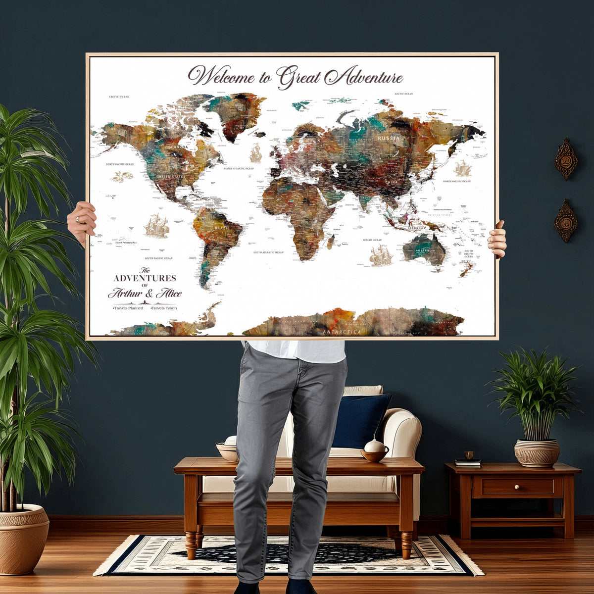 Customizable Framed World Map Canvas Print – Personalized