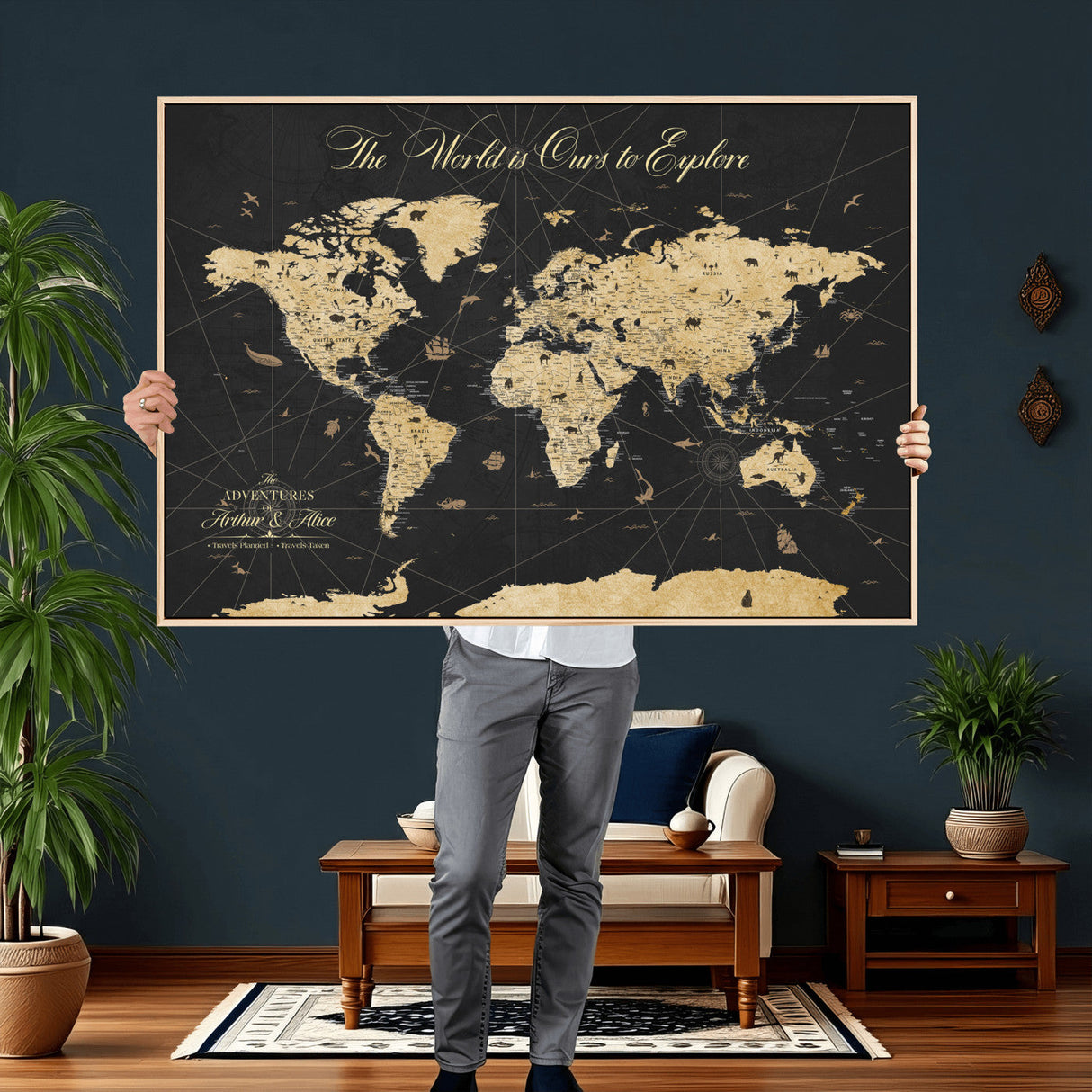 Custom Push Pin World Map Wall Art Canvas Print – Personalized Travel Tracker with Pins Framed Large for Home and Office Decor