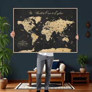 Custom Push Pin World Map Wall Art Canvas Print – Personalized Travel Tracker with Pins Framed Large for Home and Office Decor