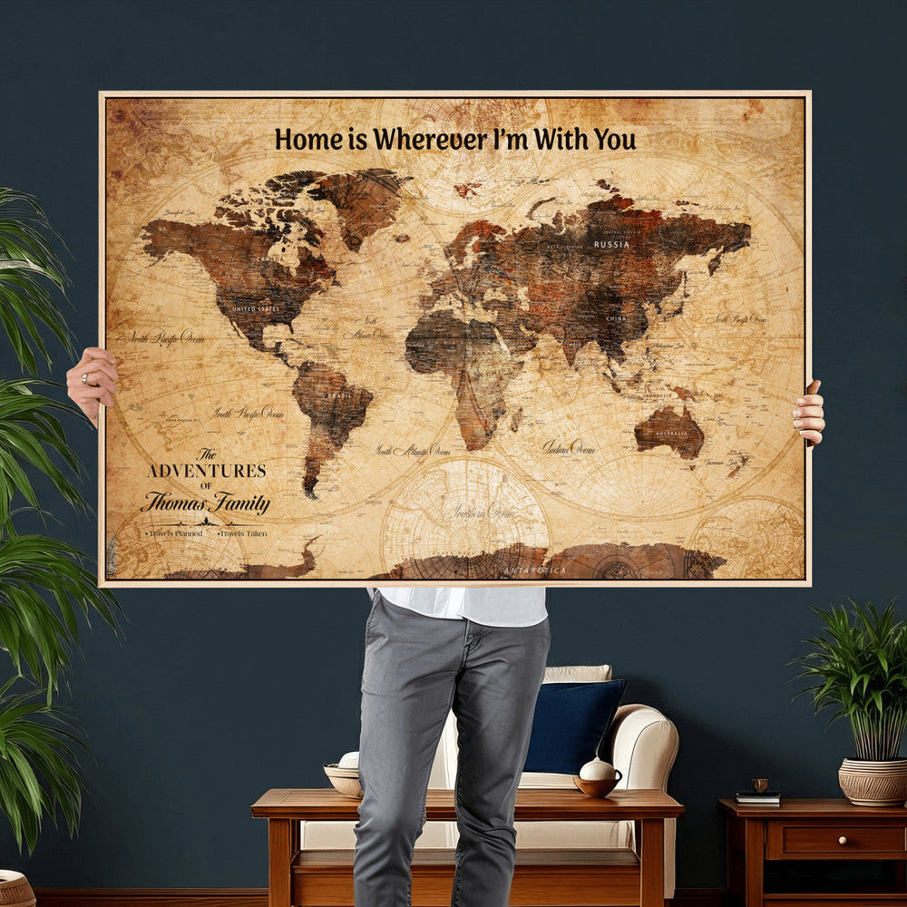 Custom Vintage World Map Canvas Wall Art – Custom Framed