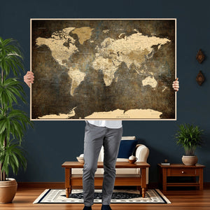 Large Framed Vintage World Map Wall Art Print for Home Wall