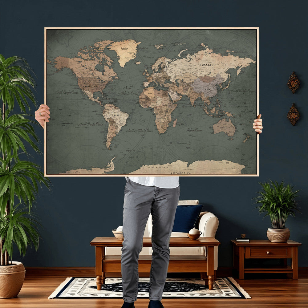 Rustic Black and Wood World Map Canvas Wall Art – Framed