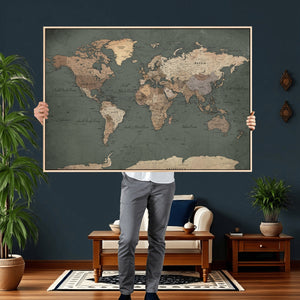 Rustic Black and Wood World Map Canvas Wall Art – Framed