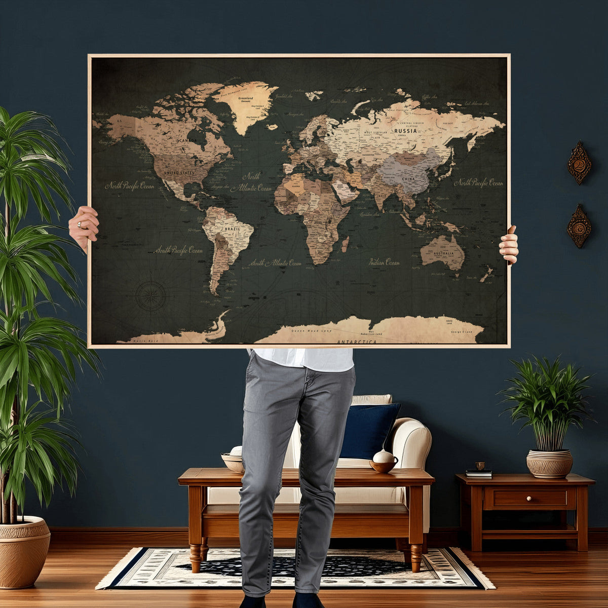 Vintage World Map Canvas Wall Art – Framed Travel Map for