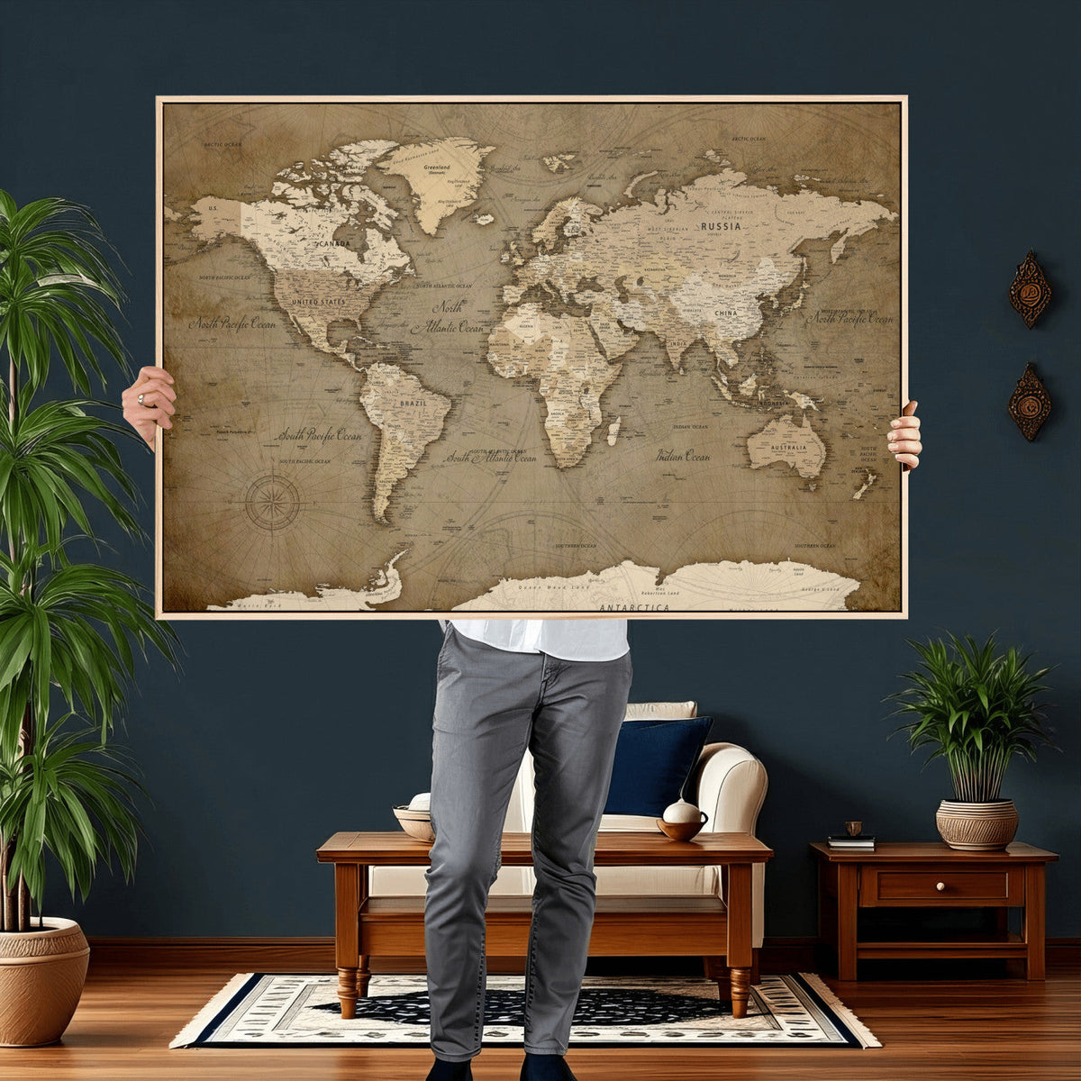 World Map Wall Art Canvas Print, Framed Map Art Picture
