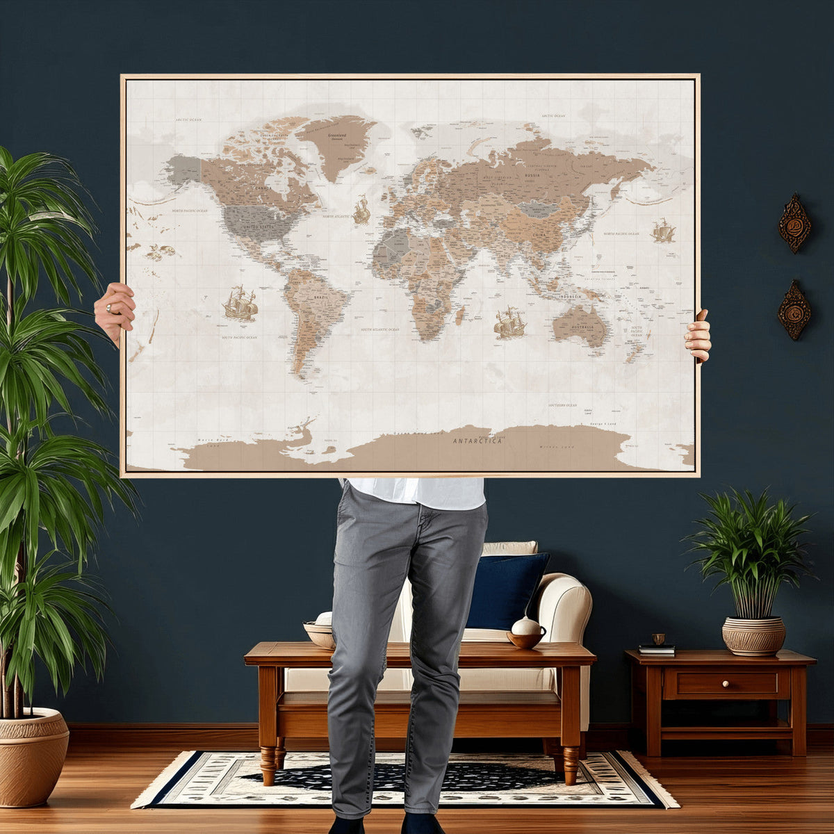 Framed Large World Map Canvas Print for Office Decor