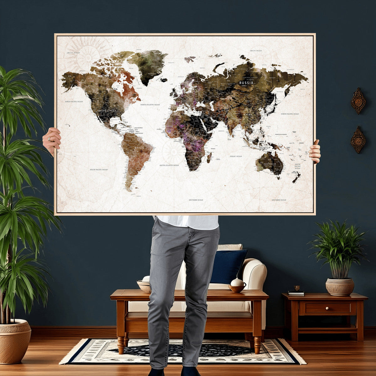Watercolor World Map Print - Large Wall Art Canvas Print for