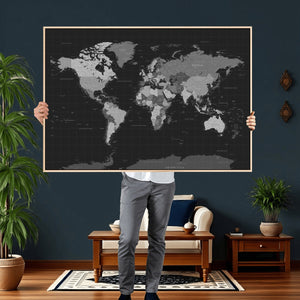 Black World Map Wall Art Canvas Print – Detailed Map of the