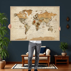 Rustic Vintage World Map Canvas Print – Framed Modern