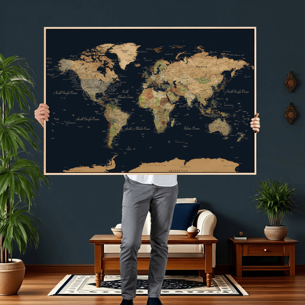 Vintage World Map Canvas on the Dark Background Wall Art