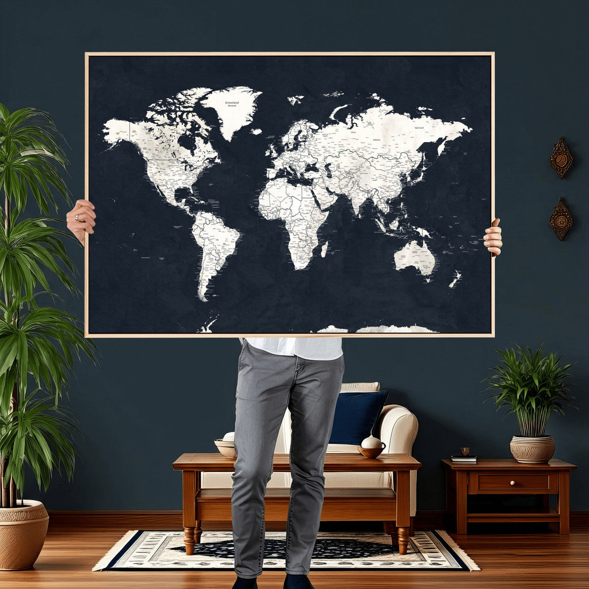 Black World Map Wall Art Canvas Print for Home Office and