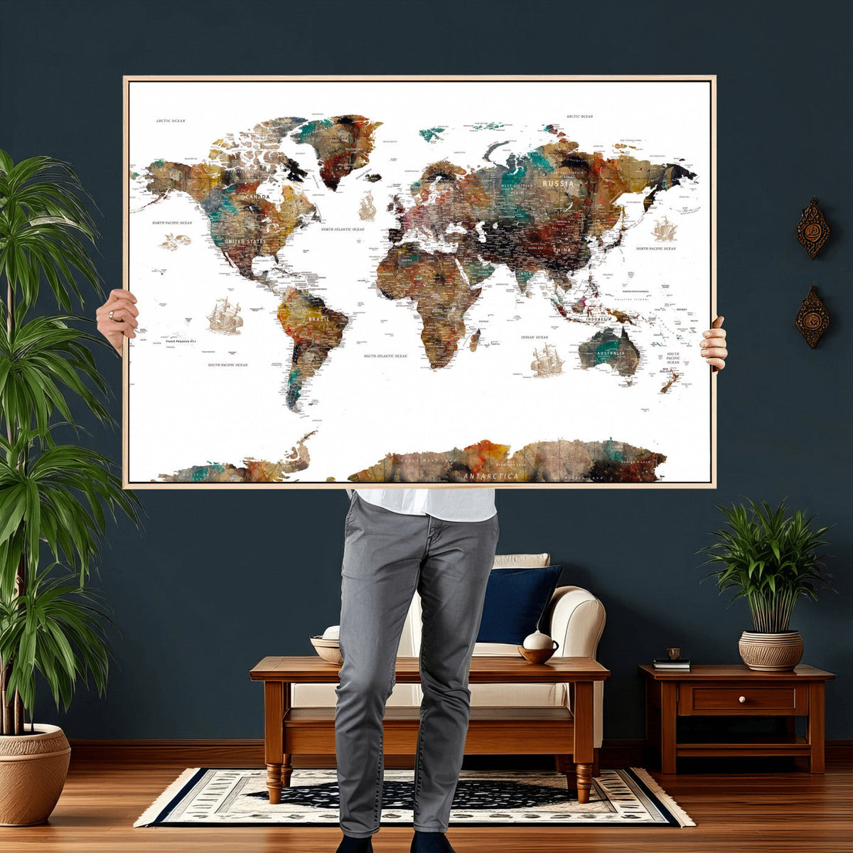 Watercolor World Map Canvas Print – Detailed Map of the