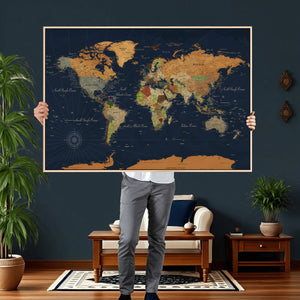 Modern World Map Canvas Print – Framed Detailed Map of the