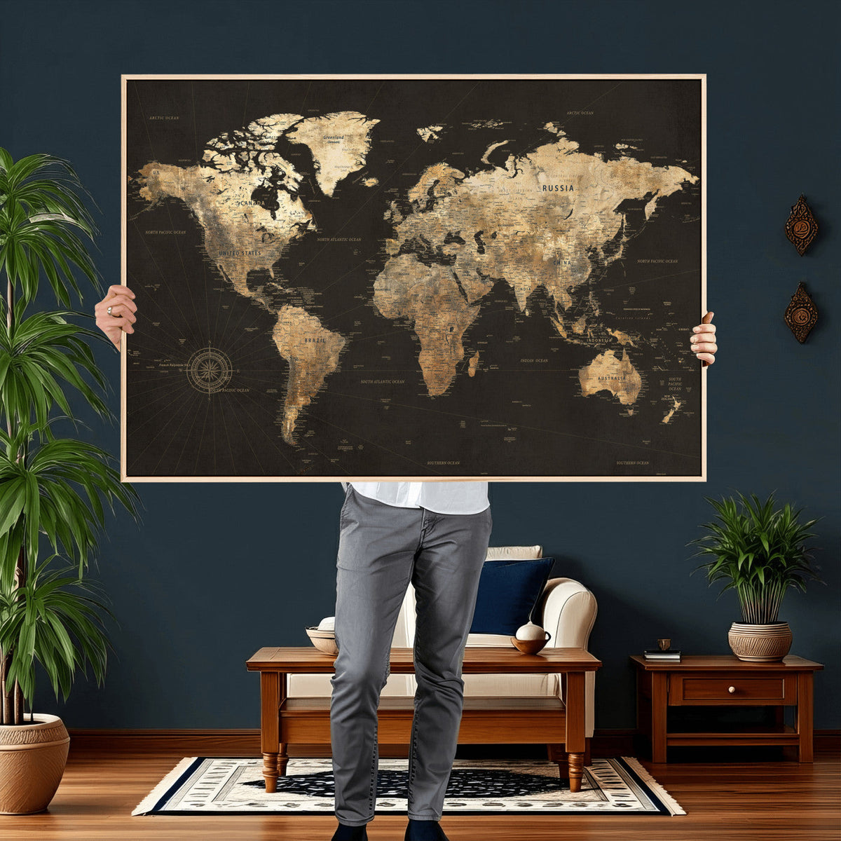 Framed World Map with Pin Canvas Print – Detailed World Map