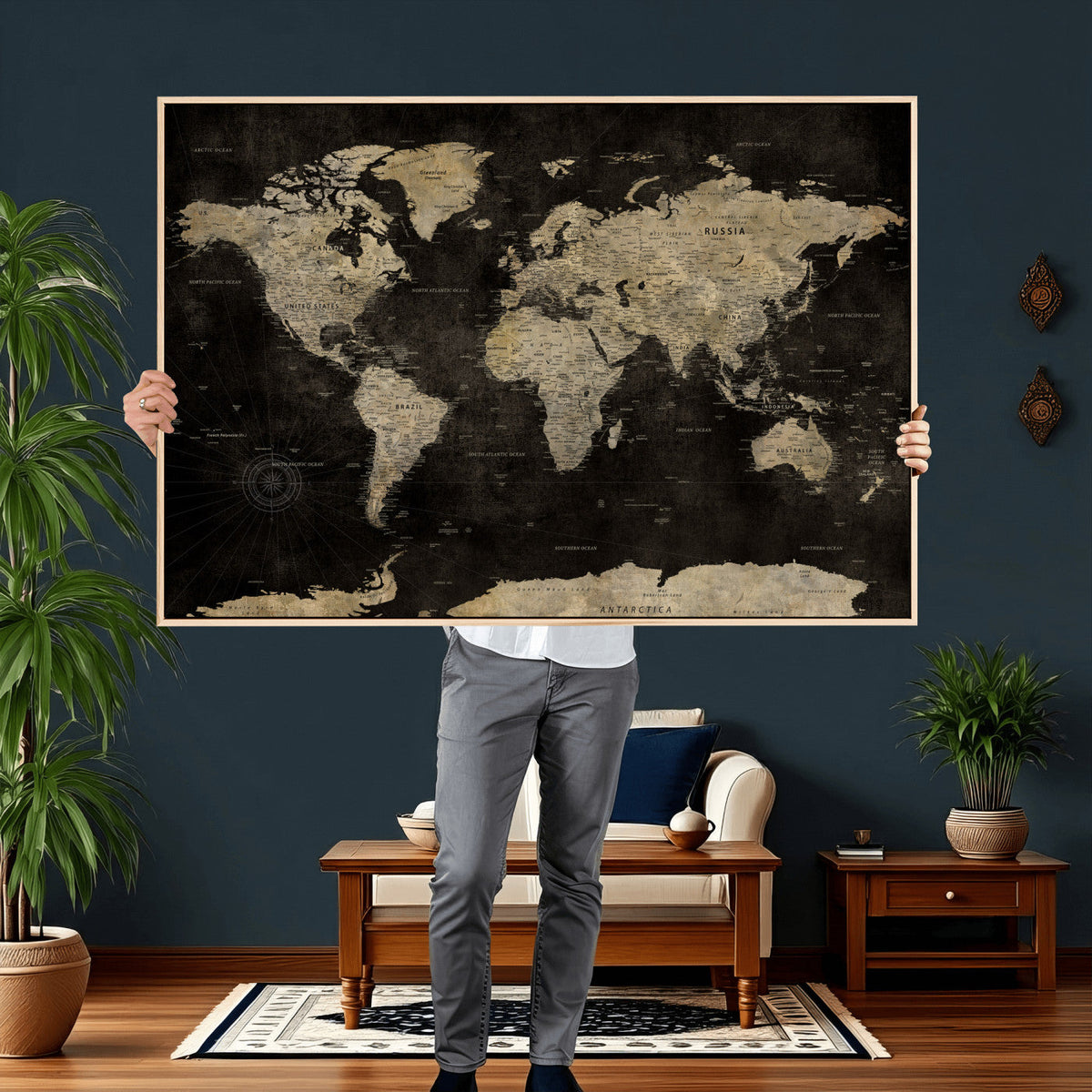Push Pin World Map Canvas Wall Art Print, Interactive Travel