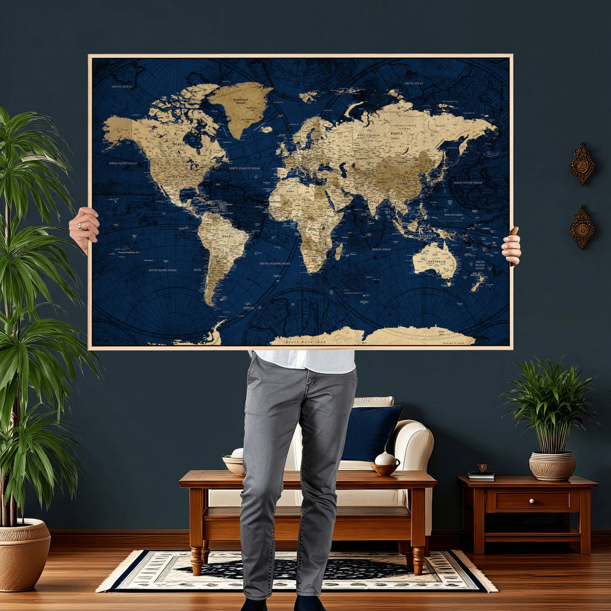 Navy Blue World Map Canvas Print – Detailed Map Minimal Navy