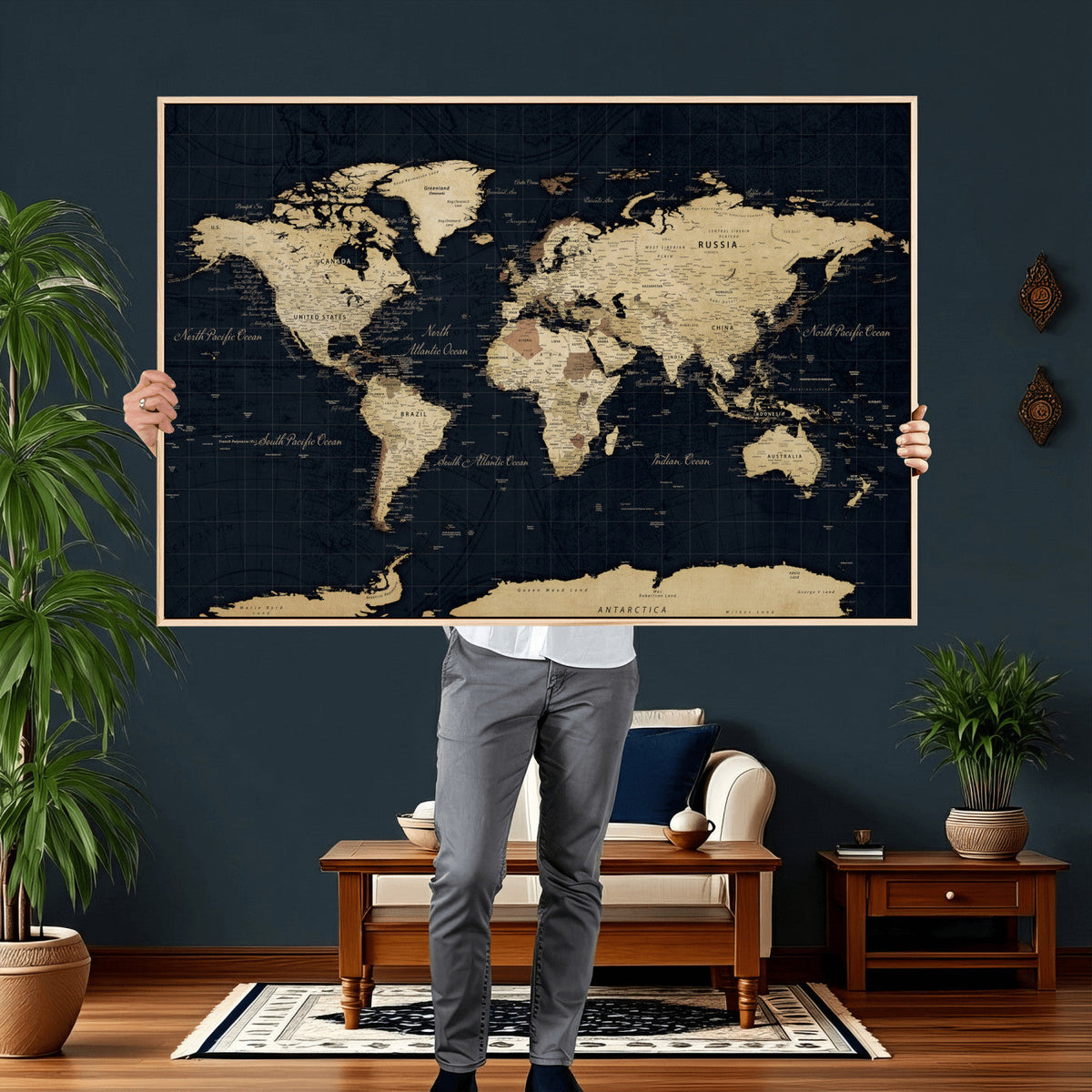 Dark World Map Canvas Wall Art Print, Minimal Black and Gold