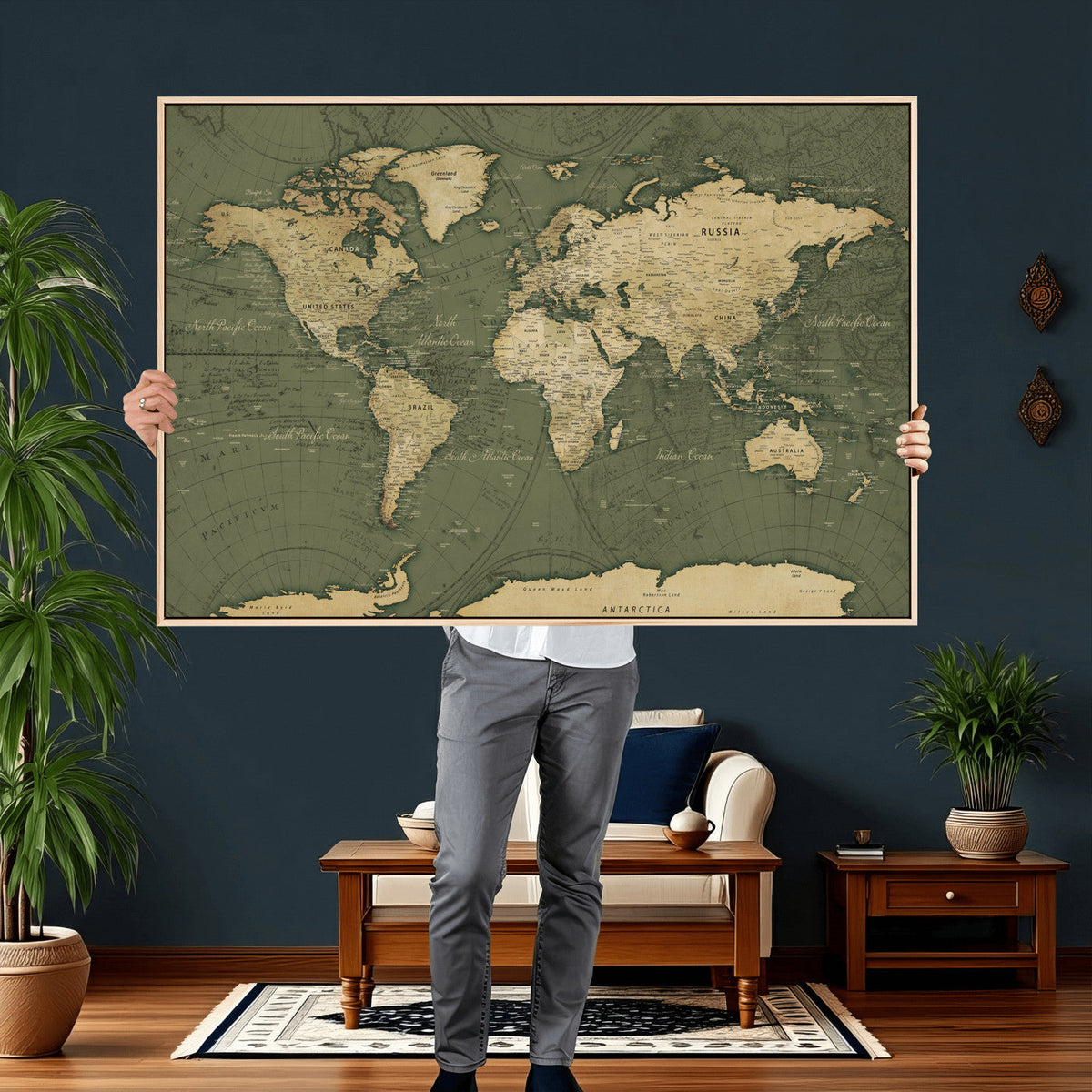 Large World Map Canvas Wall Art Print for Study Room Decor -