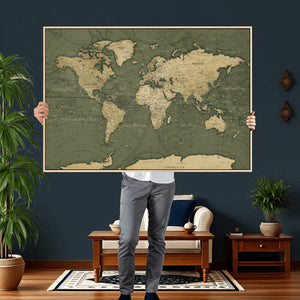 Large World Map Canvas Wall Art Print for Study Room Decor -
