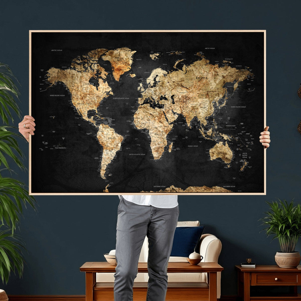 World Map Canvas Wall Art with Famous Landmarks – Framed