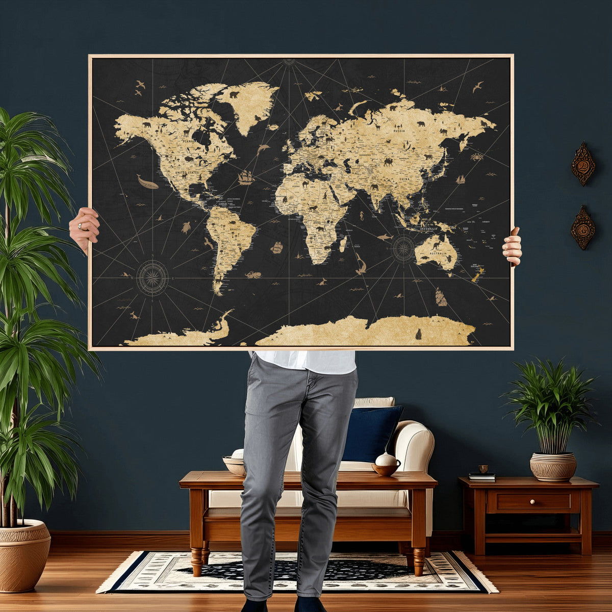 Vintage Blue and Brown World Map Canvas Wall Art – Framed