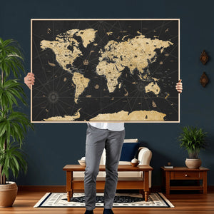 Vintage Blue and Brown World Map Canvas Wall Art – Framed