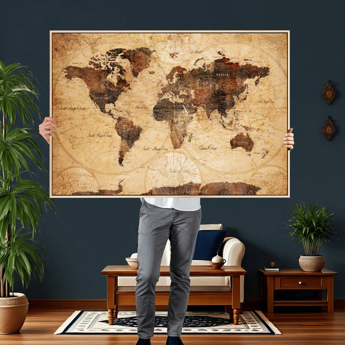 Modern Red and Gray World Map Canvas Print – Framed Wall Art