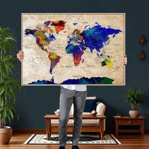 Watercolor World Map Canvas Print – Framed Wall Art for