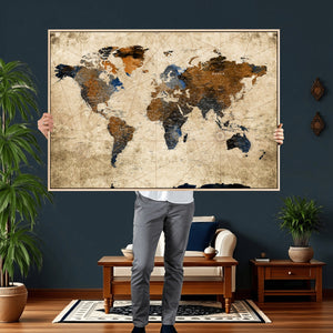 World Map Wall Art – Rustic Earth Tone Canvas Print, Antique