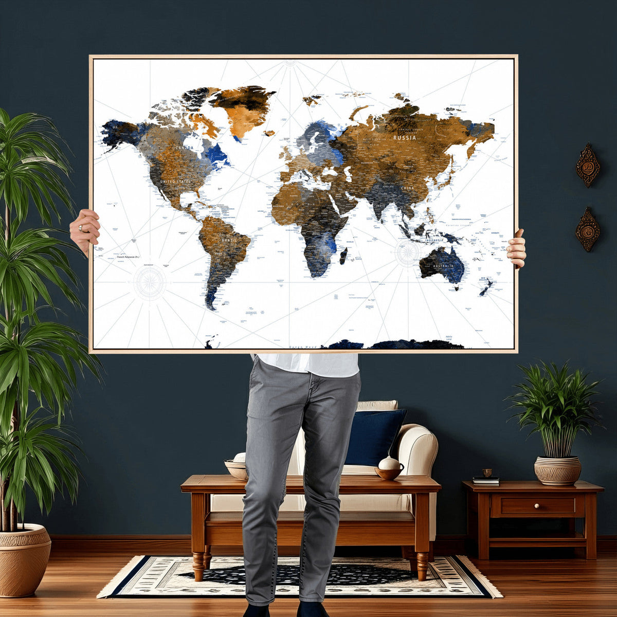 World Map Wall Art Canvas Print, Modern Decorative Framed