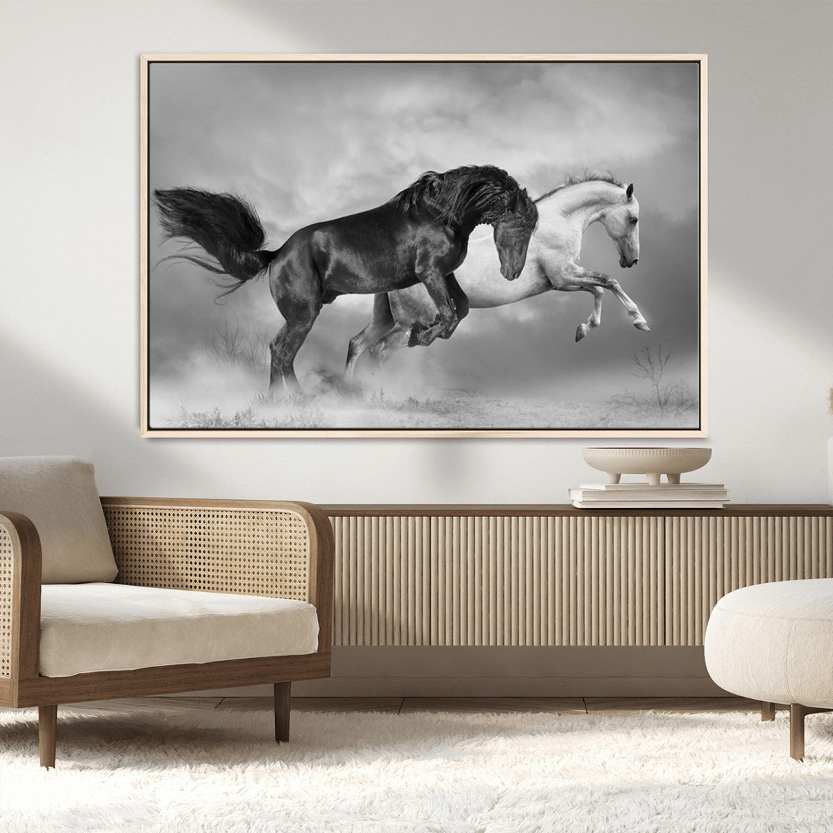 Wild Horses Wall Art Canvas Print – Framed Black and White