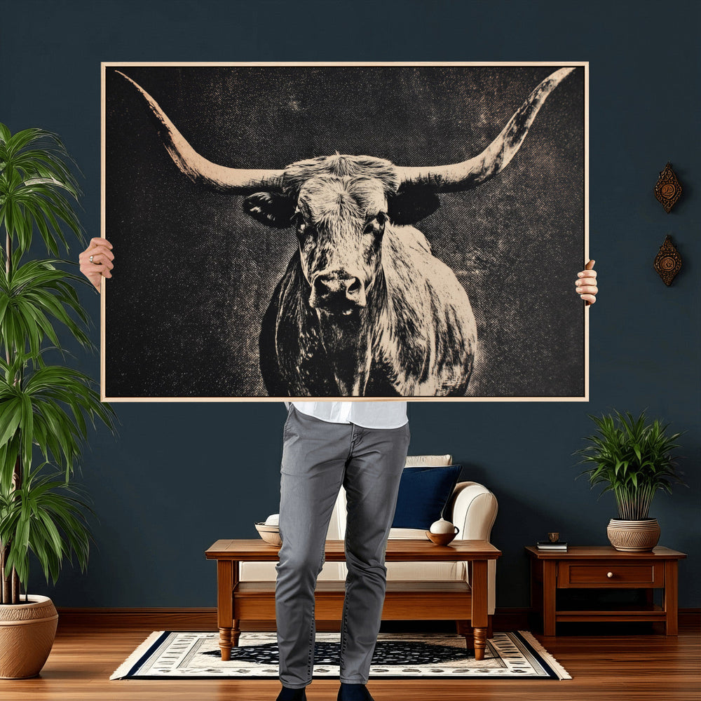 Vintage Texas Longhorn Bull Wall Art Canvas Print, Cow