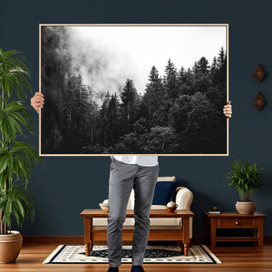 Black White Forest Wall Art Canvas Print, Misty Pine Tree