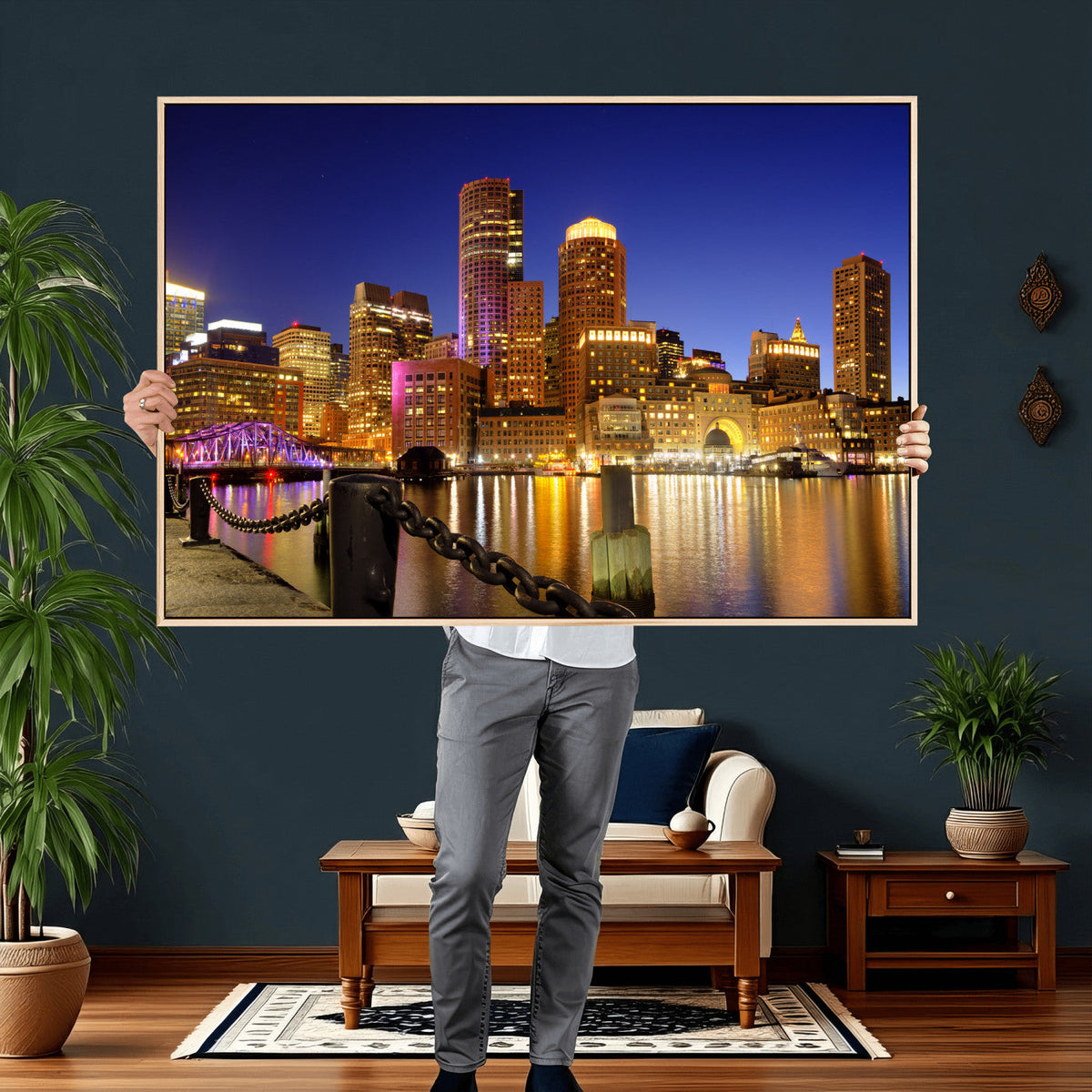 Boston Wall Art Canvas Print, Boston City Downtown Night
