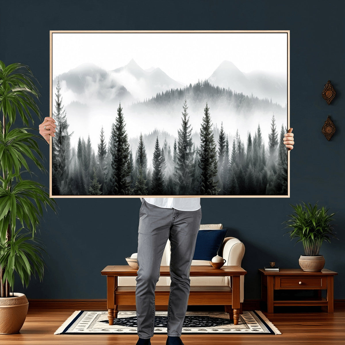 Misty Pine Forest Mountain Landscape Wall Art Canvas Print