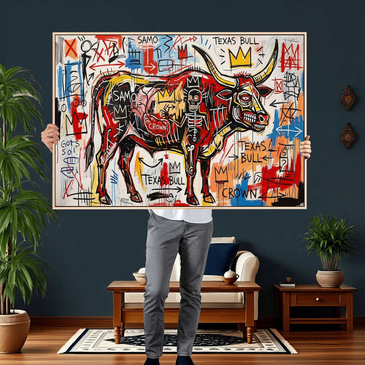 Texas Bull Wall Art Canvas Print, Abstract Graffiti Bull
