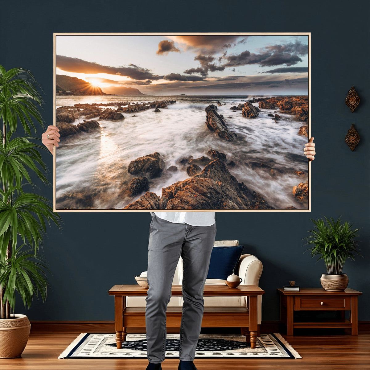 Rocky Coast Ocean Sunset Wall Art Canvas Print, Dramatic