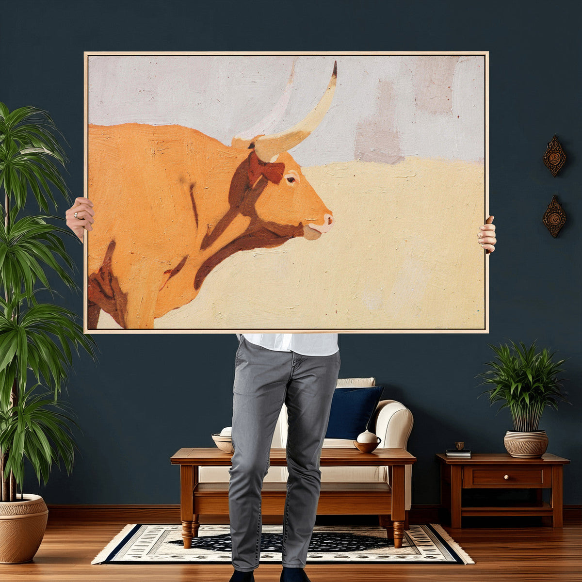 Minimal Longhorn Bull Wall Art Canvas Print, Neutral Western